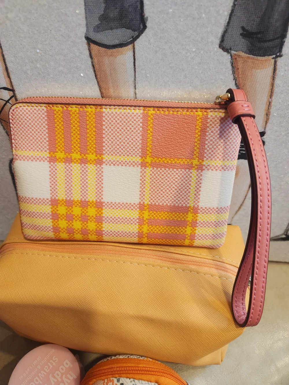 Coach Plaid Zip Pouch in Coral, Yellow and White - Picture 7 of 14